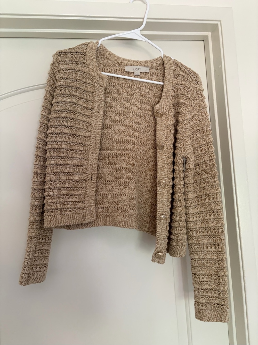 LOFT Cropped Beige Textured Knit Cardigan